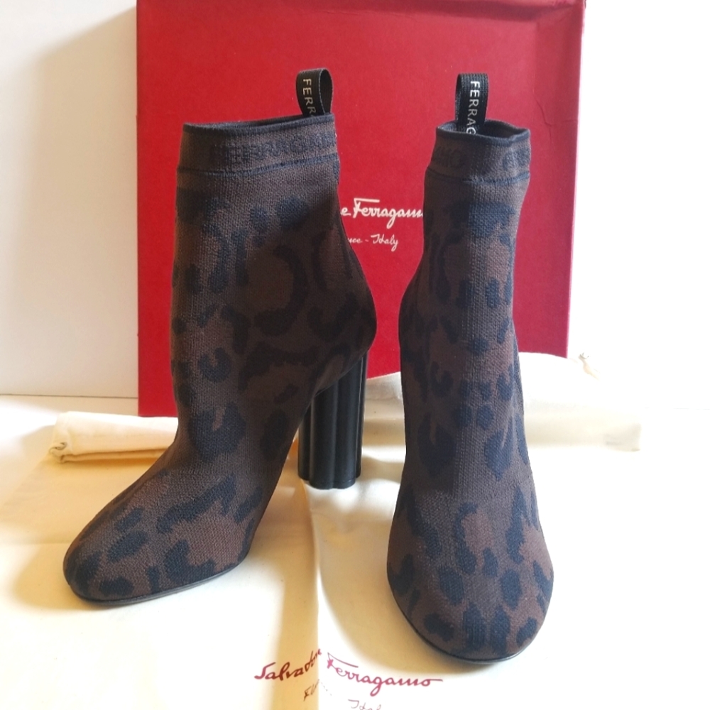 Salvatore Ferragamo Animal Print Knit Sock High Heeled Booties Size 7 D … - Picture 3 of 9